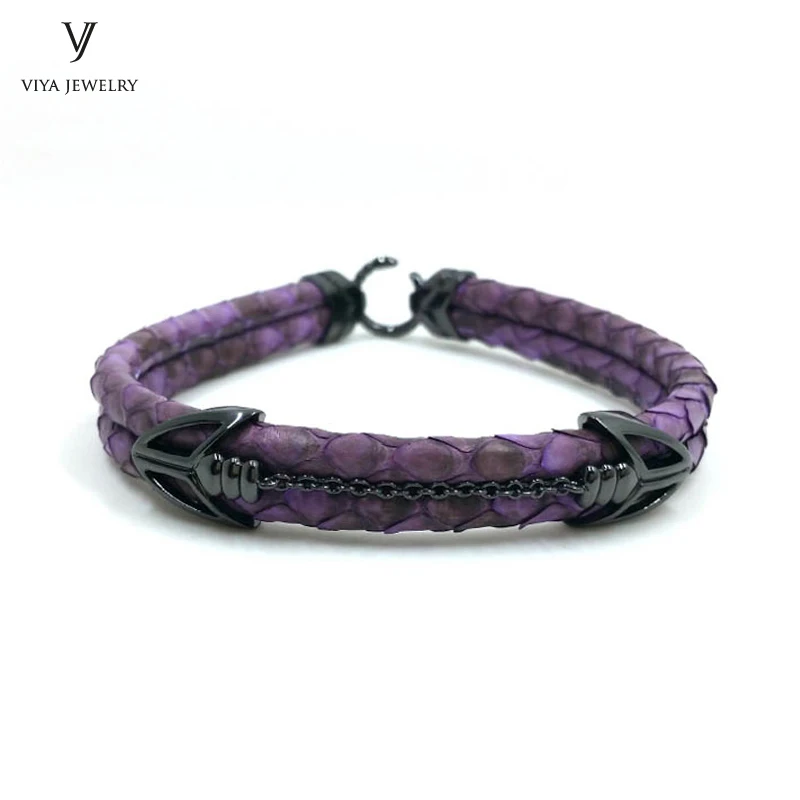 Luxury Purple Python Leather Men Bracelet 925 Sterling Silver Arrow Clasp Leather Bracelet Has High-end Gift Box Best Men Gift Luxury Purple Python Leather Men Bracelet 925 Sterling Silver Arrow Clasp Leather Bracelet Has High-end Gift Box Best Men Gift