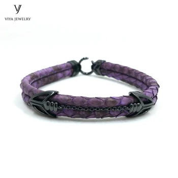 

Luxury Purple Python Leather Men Bracelet 925 Sterling Silver Arrow Clasp Leather Bracelet Has High-end Gift Box Best Men Gift