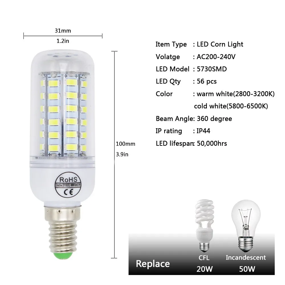 Светодиодный Светодиодная лампа-кукуруза E27 E14 Свеча светильник Bombillas 220V SMD 5730 домашняя декорационная лампа для Люстра-прожектор 12 24 36 48 56 69 светодиодный s