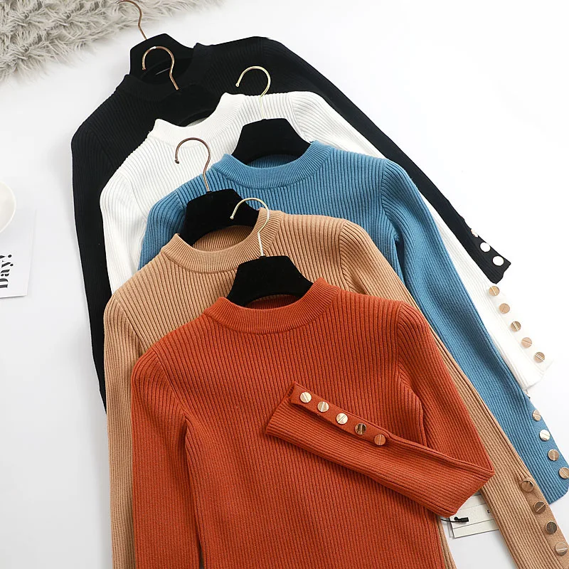 763.46 руб. 40% СКИДКА|Модный осенне зимний базовый женский толстый свитер пуловеры с длинными рукавами на пуговицах Корея водолазка шикарный вязаный свитер женский-in Пуловеры from Женская одежда on Aliexpress.com | Alibaba Group