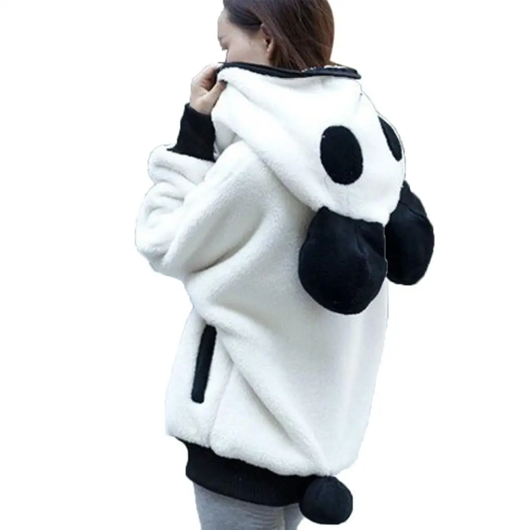 

2018 European And American Women's New Fashion Wool Black And White Panda Hooded Zipper Slim Jackechamarras De Mujert S-xl