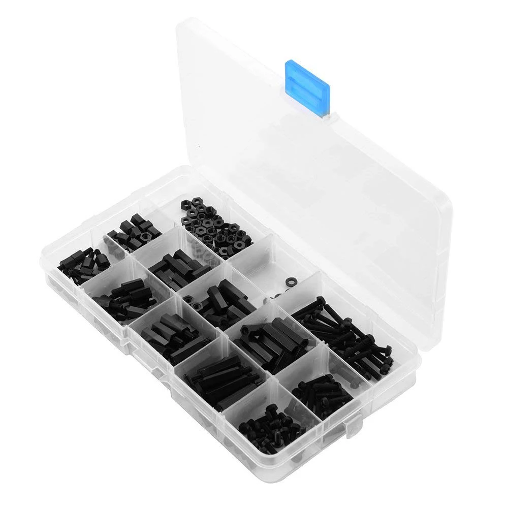 

260pcs/set M3 Nylon Hex Spacers Screw Nut Stand-off Plastic Accessories Assortment with Plastic Box Black AD268