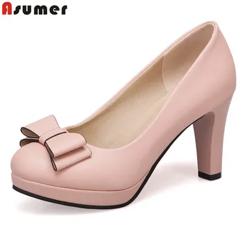 

ASUMER Big size 33-43 bowtie women pumps round toe thick high heels shoes basic spring summer ladies party wedding shoes