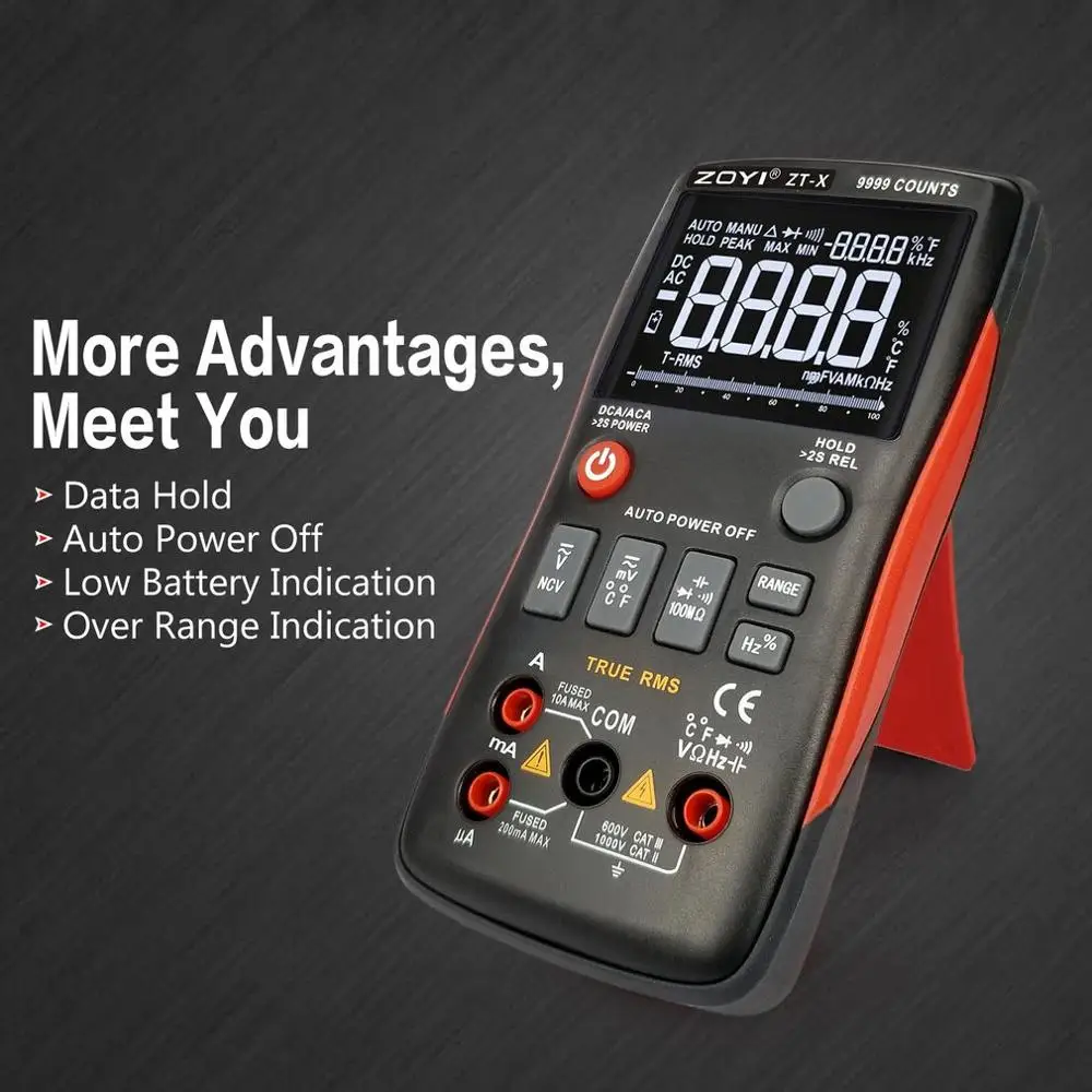 

ZT-X Digital Multimeter Auto Range True RMS AC/DC Volt Amp Ohm Capacitance Duty Cycle NCV Diode Temperature Tester 9999 Counts