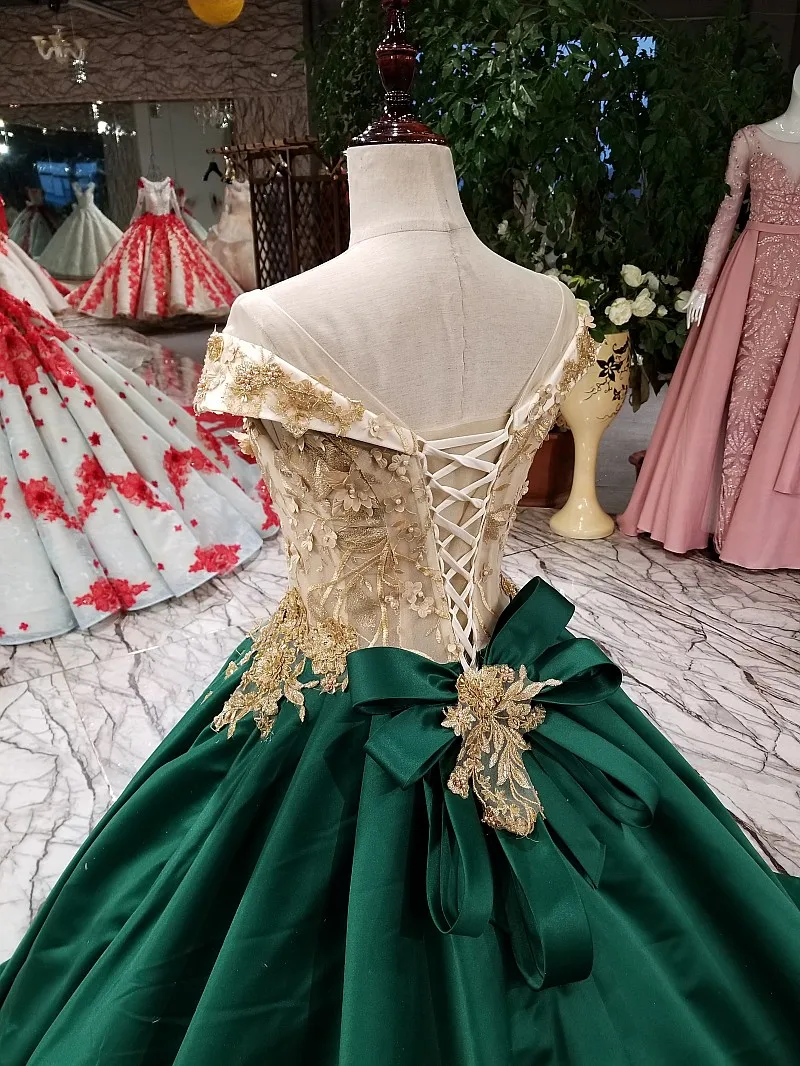 Vestido noiva свадебное платье невесты Винтаж Охотник зеленый атлас золотые кружевные аппликации Формальные платья Часовня Поезд с бантом сзади