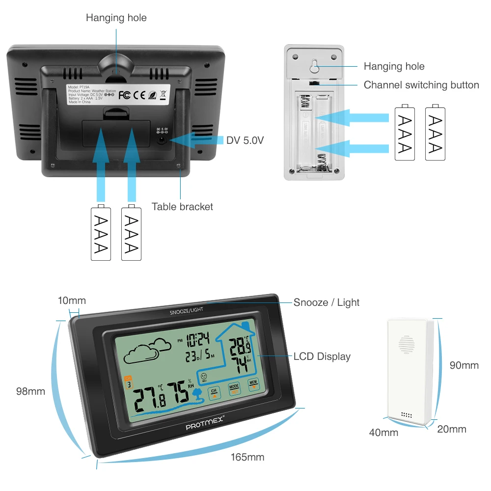 Protmex PT19A цветной сенсорный экран, метеостанция, датчик, термометр, гигрометр, цифровой датчик, датчик, для помещений, для улицы, дома