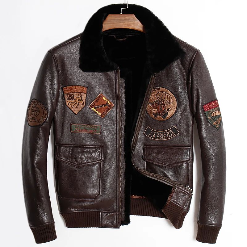 

2019 Brown Men Winter Military Pilot Shearling Jacket Plus Size 4XL Slim Fit Russian Thick Genuine Leather Coat FREE SHIPPING