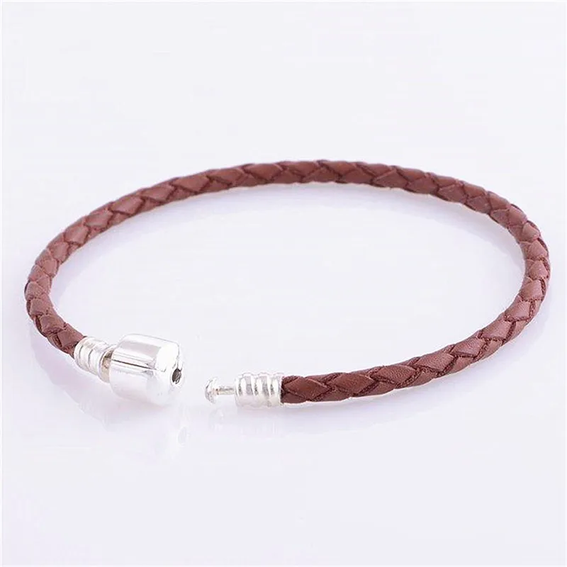 

Authentic 925 Sterling Silver Barrel Clasp Bracelet With Burgendy Leather for Women Fit Charm Beads DIY Fine Jewelry SLE005