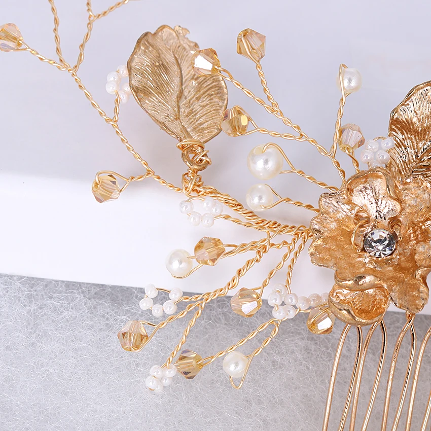 Xinyun высокого класса ручной работы золотой сплав цветок гребень для волос с листьями горный хрусталь кристалл свадебная прическа аксессуары дамы волос расчески