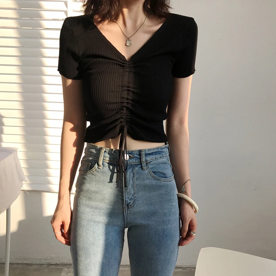

Summer Korean Version Solid Color Drawstring T-Shirt Girl V-Neck Slim Simple Shirt Woman Irregular Tie Rope Casual Girl T-Shirt