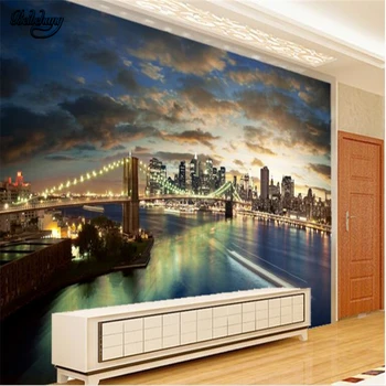 

beibehang Custom Nonwovens Wallpaper Mural New York Brooklyn Bridge Night Lounges TV Backdrop Decoration