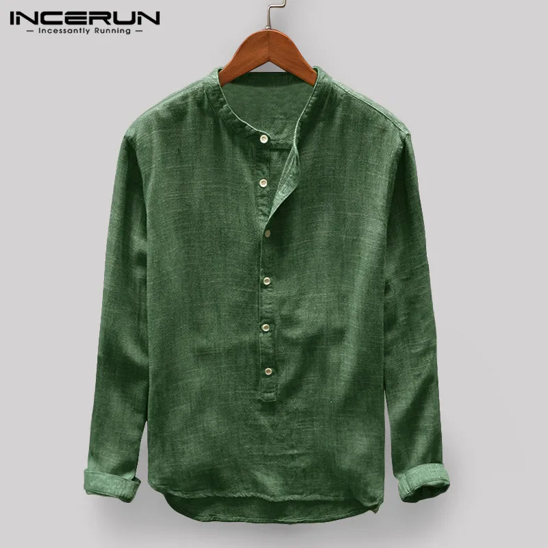 INCERUN Мужская Повседневная рубашка со стоячим воротником сплошного цвета с кнопками винтажные Ретро Топы с длинными рукавами Базовая рубашка мужская рубашка Харадзюку 5XL - Цвет: Dark Green Shirt