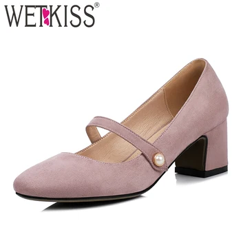 

WETKISS Mary Jane High Heels Women Pumps 2019 Brand Pearl Spring Fashion Ladies Shoes Square Toe Square Heels Flock Footwear