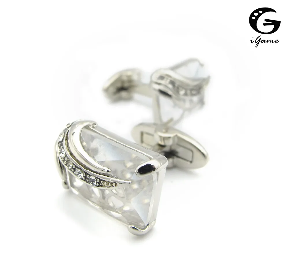 

iGame New Arrival Men's Cuff Links Silver Color Brass Material White Crystal Design Shirt Cufflinks Free Shipping