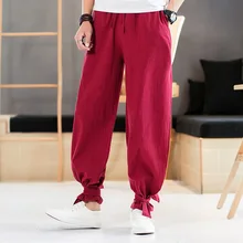 Летние хлопковые льняные повседневные штаны-шаровары Для мужчин Jogger Брюки Для мужчин Фитнес брюки мужской Китайская традиционная Стиль Harajuku до середины икры Длина