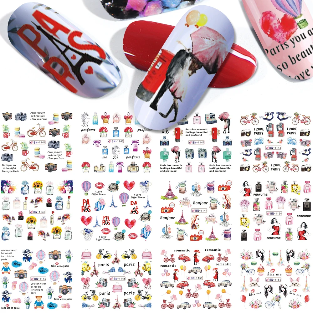 

Red Romantic Design Water Sticker For Nail Art Lovers Perfume Makeup Mix Watercolor Decals Transfer Tips Manicure SABN1141-1152