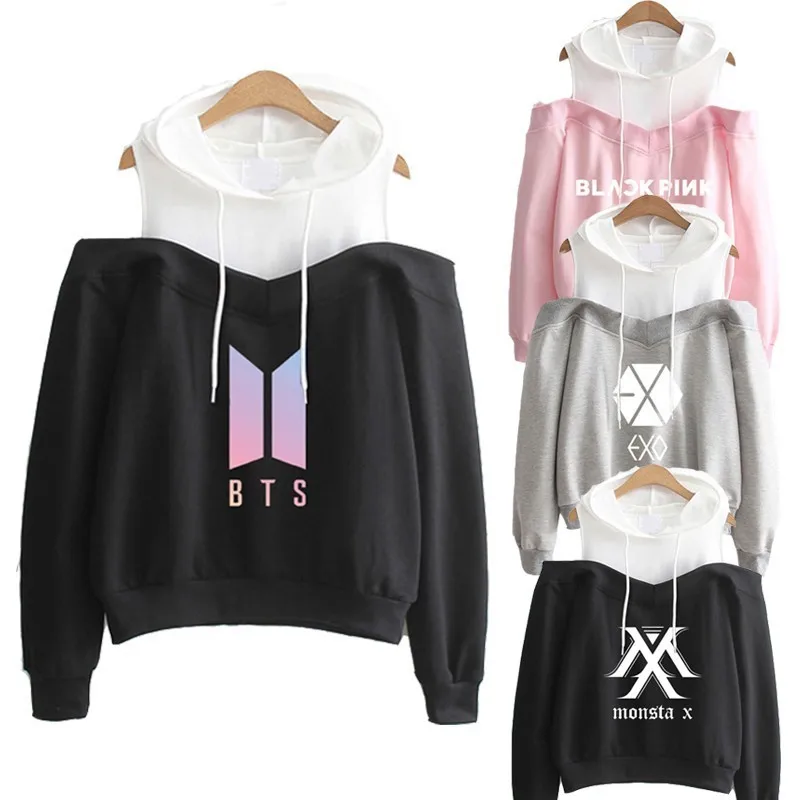 

Kpop Women popular Blackpink Hoodie Autumn Winter Seventeen Twice Strapless Shoulder one Sweatshirt Clothing Female