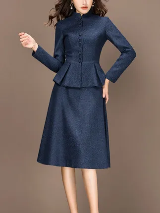 2 piece outfits for women Fashion Autumn Winter Two Piece Set ELegant Office Lady Suit Plus Size 3XL casaco feminino LX439 - Цвет: navy blue