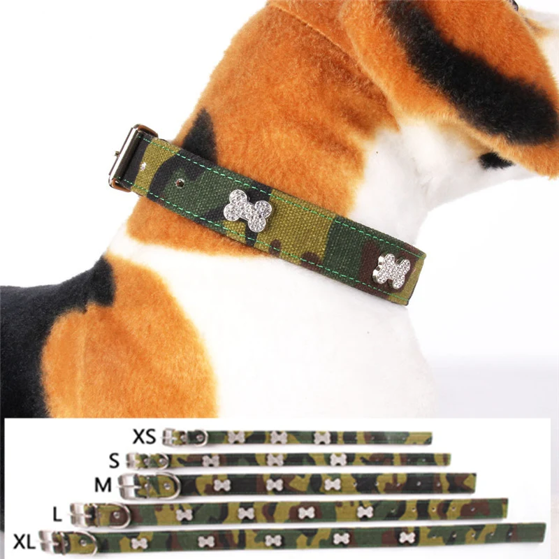

Fashion Luxury Rhinestone bone Accessories Dog Collar Canvas Woods Training Camouflage Strap for Small Medium Dog Pet Supplies
