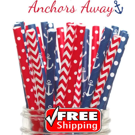 150pcs Mixed 3 Designs Anchors Away Themed Paper Straws-Navy Red Swiss Dot Chevron Anchor-Nautical Party Birthday Partiotic | Дом и сад