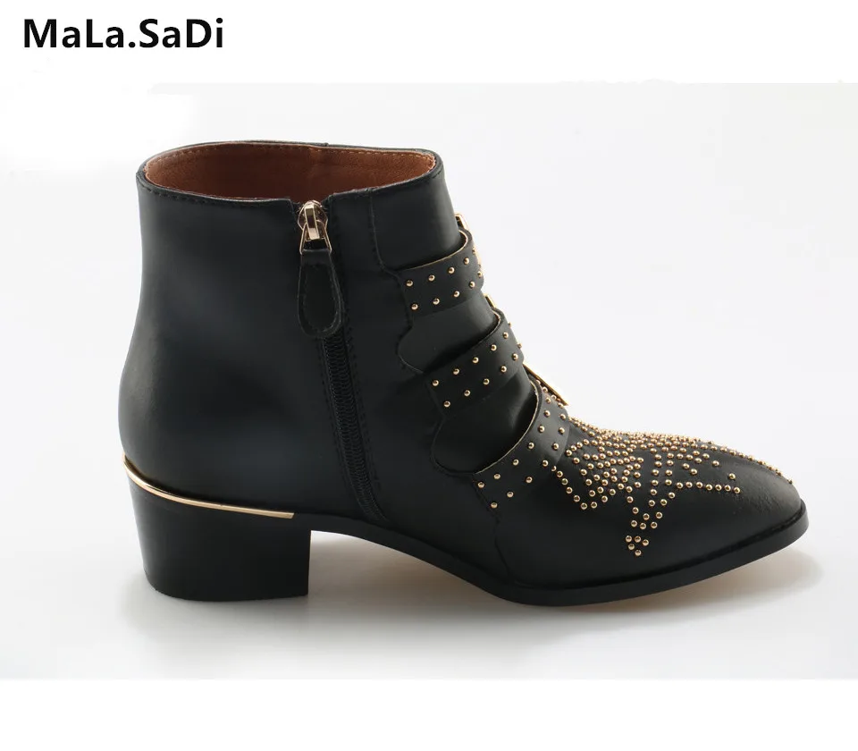 Hot Sale New Fashion Cool Women Sexy Rivets Buckle Ankle Boots High Quality Genuine Leather Med Square Heels Shoes Size 35-42