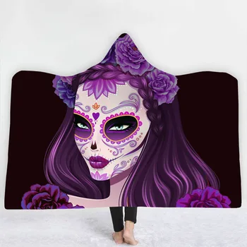 

Fashion Sugar Skull Flower Hooded Blanket for Adults Floral Gothic Sherpa Fleece Wearable Throw Dream Catcher Blanket Microfiber