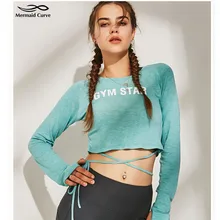 Русалка Curve сексуальный пояс yoga рубашка Для женщин Фитнес одежда с длинным рукавом тренировки тренажерный зал укороченный топ yoga топ с отверстиями для большого пальца Спортивная футболка