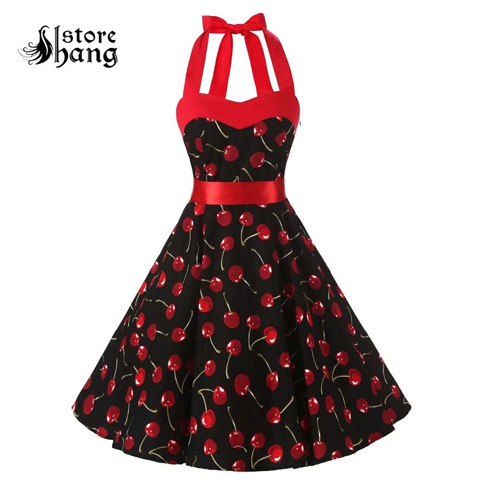 ヴィンテージ 1950 S ロカビリーポルカドットオードリー女性のホルターネックレースアップバック花チェリーフルスイングパーティードレス Audrey Dress Retro Party Dressesdress Up Women Aliexpress
