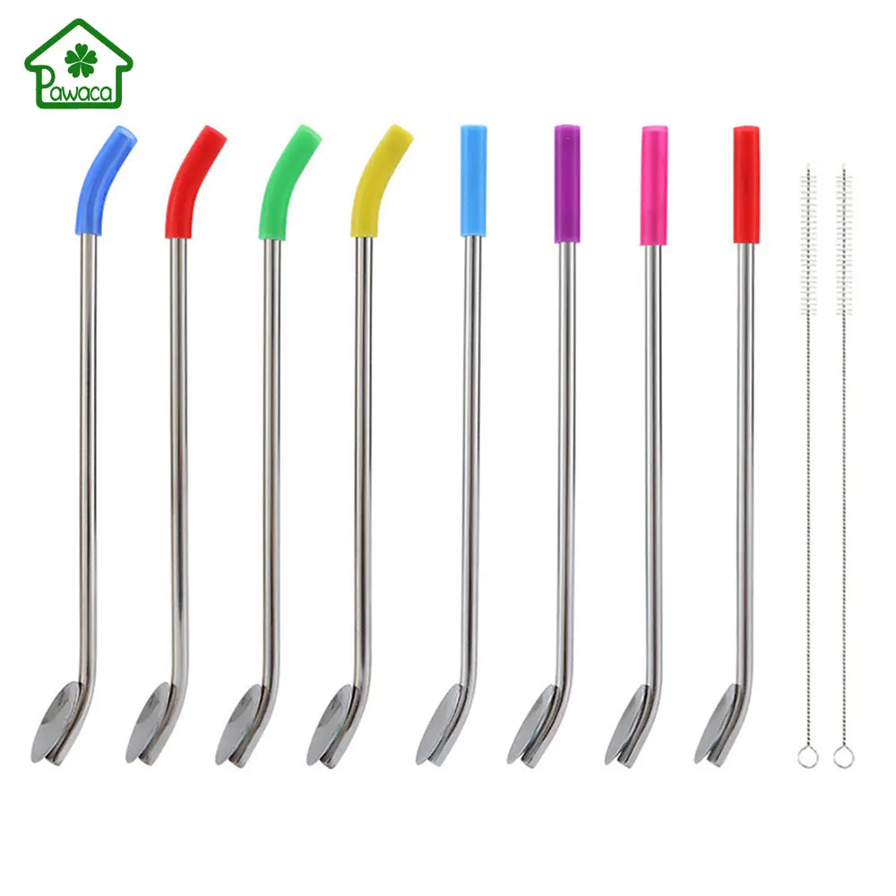 8Pcs Reusable Drinking Straws Stir Spoon Function Stainless Steel Metal