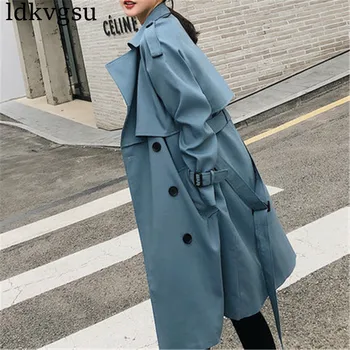 

2020 Spring Autumn Fashion Double-breasted Windbreaker Women New Korean Casual Chic Loose Ladies Long Trench Coat V336