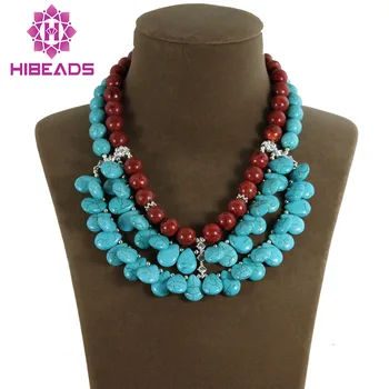 

Fashion 3 Rows Teardrop Stone Pendant Necklace Red Coral Beaded Chunky Bib Necklace TN091