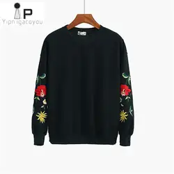 Весна пуловер Толстовка Для женщин топ в Корейском стиле красный/черный вышивка плюс Размеры Для Женщин Пальто Harajuku Дамы Модная Толстовка