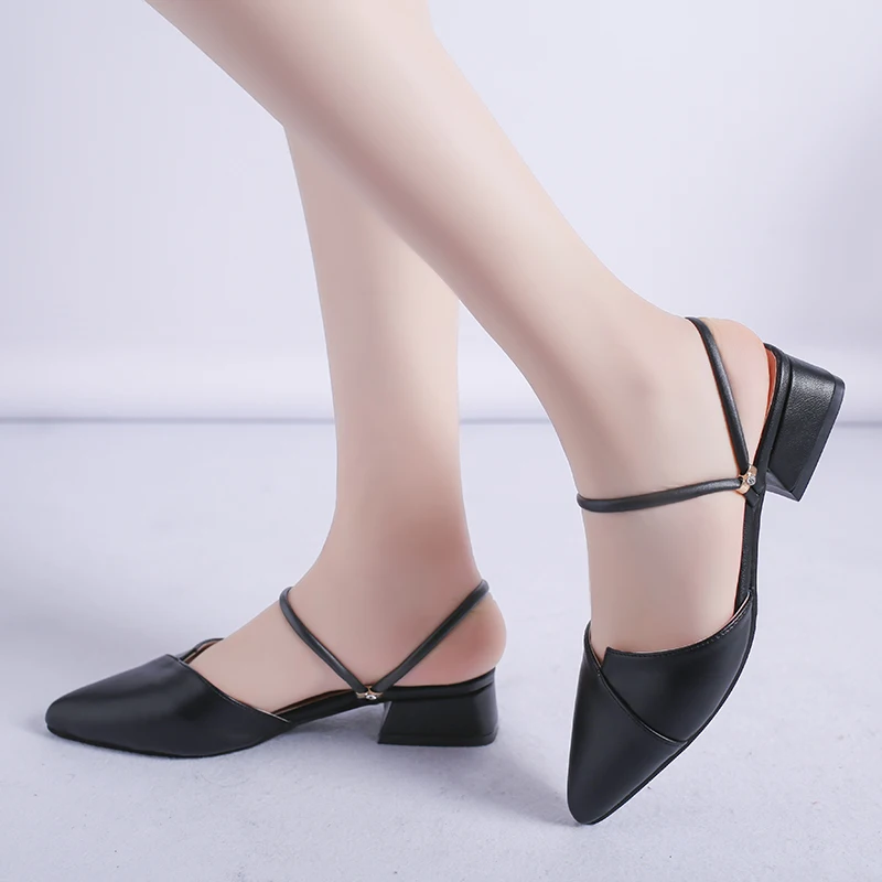 

Plus size 35-42 Women Slipper Sandal Pointed Toe Low Leels Slippers Cover Toe Slides Pu Leather sandalias zapatos mujer 7310