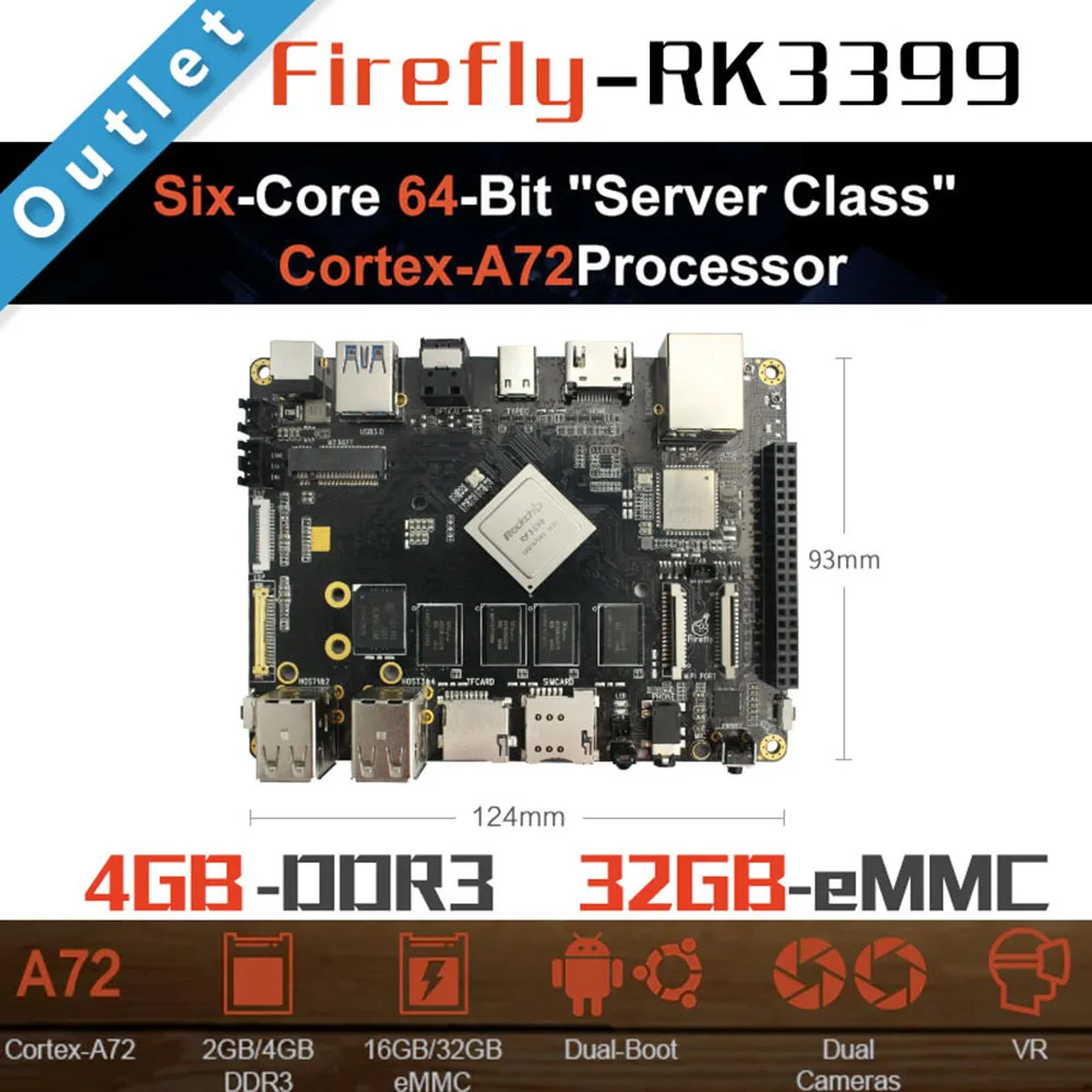 Firefly RK3399: 6 ядерный 64 битный высокопроизводительный 2G/4G DDR + 16G eMMC Двойная камера