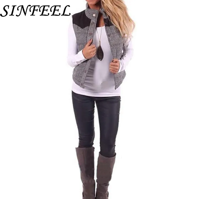 SINFEEL New Fashion Women Waistcoat Collar Patchwork Vest Female Sleeveless Jacket Pocket Warm Vest Women Coat Gilet Femme