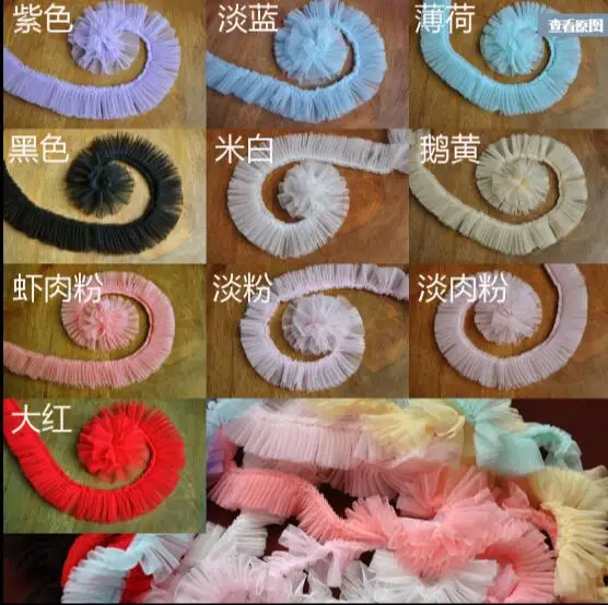 

10Yards 5cm Red Pink Blue Pleated Organza Lace Ribbon Gathered Mesh Fabric Handmade DIY Wedding Dress Lace Trim Sewing Craft