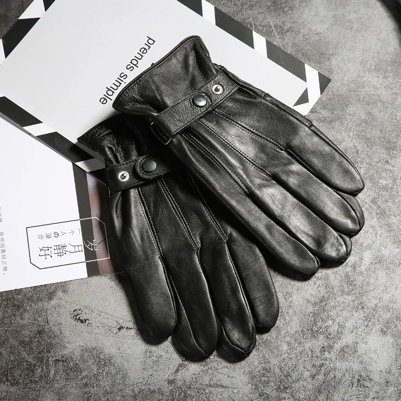 New Winter Men's Real Leather Gloves with Fleece Male Genuine Leather Gloves Men Warm Guantes Outdoor Black 