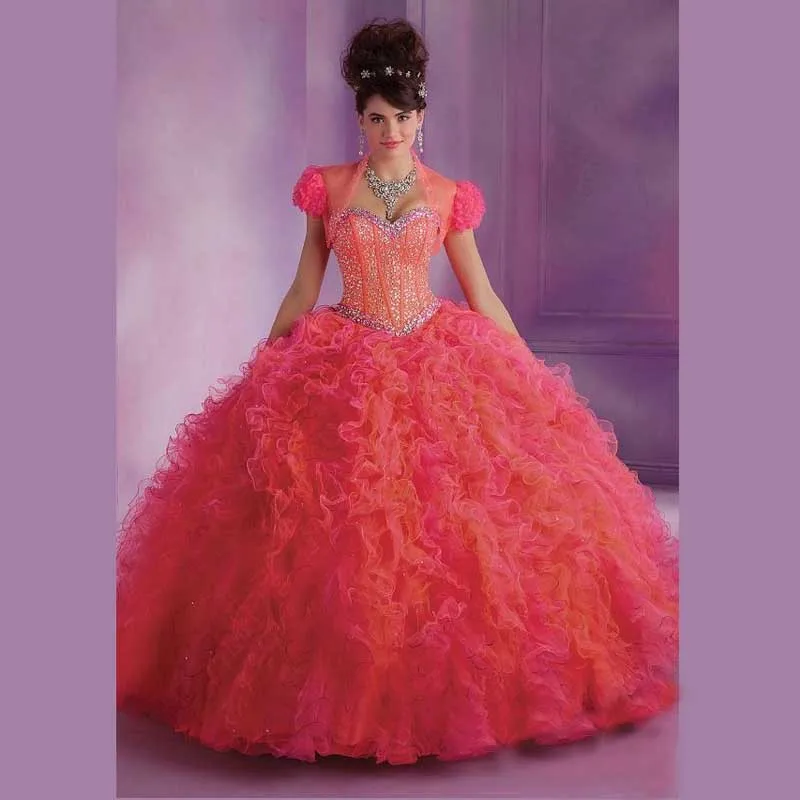 Сексуальная пышное платье розовый органзы с курткой бальное платье на заказ бисером кристалл оборками Vestidos 15 Anos Q1029