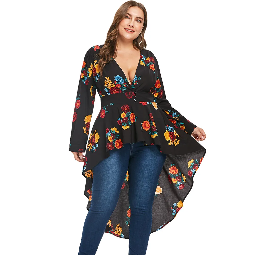 Wipalo de talla grande escote bajo Floral Maxi blusa de Otoño de manga larga asimétrica mujer Blusas 5XL Tops|Blusas y - AliExpress