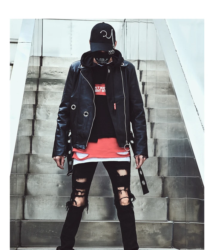 Панк рок стиль мотоциклетная куртка из искусственной кожи для мужчин Slim fit железные кольца корейский Прохладный осень зима
