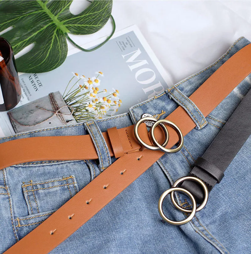 Best YBT Women Belt Imitation leather Alloy Pin Buckle Belt New Double Circle Button Belt Leisure Jeans Fashion Dress Women Belt