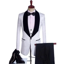 Новинка, 3 предмета, шаль с отворотом, смокинги для жениха, черный/красный/синий/белый жаккардовый мужской костюм, Свадебный Блейзер, одежда для жениха