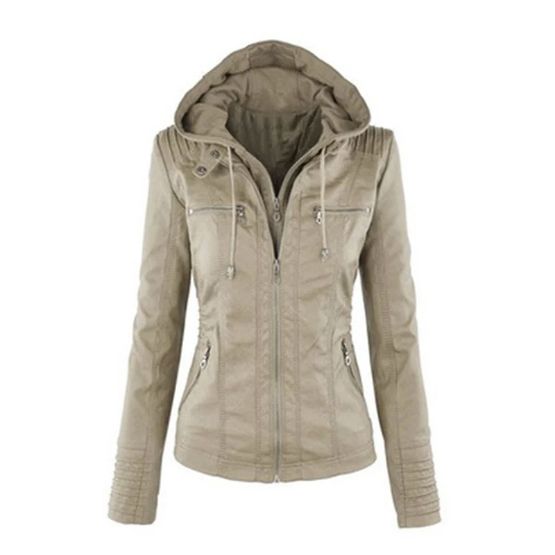 2019 New Fashion Short Women's Jacket Lapel Hooded Long Sleeved Solid Color Zipper Leather Cotton Jacket Female Parker Outerwear