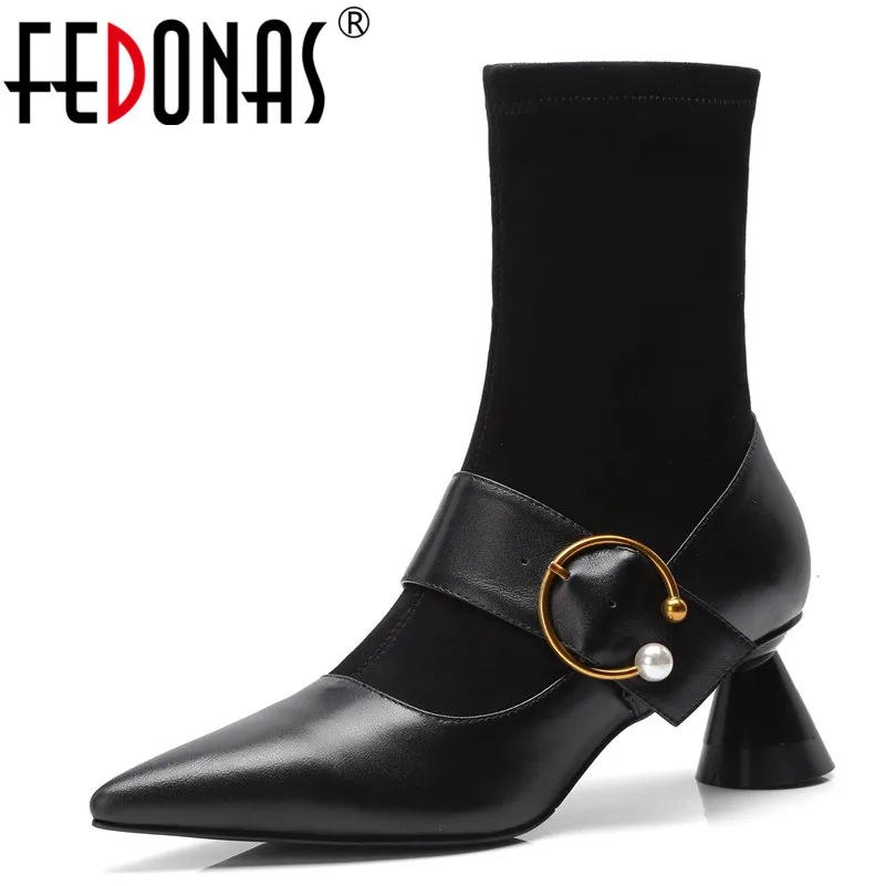 

FEDONAS 2018 New Fashion Stretch Genuine Leather Women Boots High Heel Ladies Pointed Toe Autumn Winter Socks Martin Boots