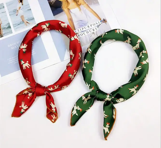 

2019 New Designer 60*60cm Samll Silk Puppy Scarf Women Luxury Animal Printed Square Air Hostess Neck Scarves Neckerchief