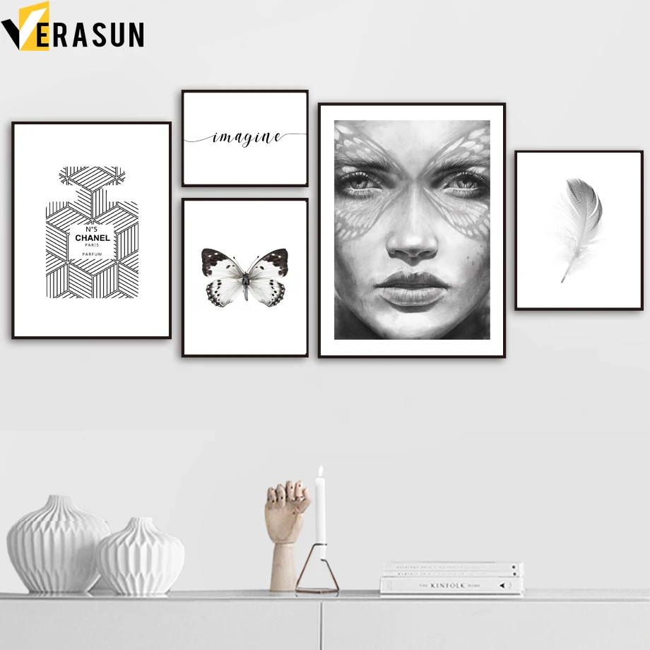 

Butterfly Perfume Girl Feather Imagine Wall Art Canvas Painting Nordic Posters And Prints Wall Pictures For Living Room Decor