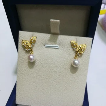 

HRina S925 Sterling Silver Crystal Leaves Gold Plated Earrings Nautral White Round Freshwater Pearl Drop Earrings Fine Jewelry