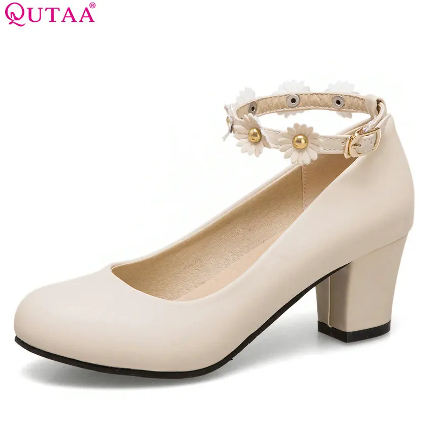 

QUTAA 2018 Women Pumps Pu Leather Fashion Women Shoes Platform Buckle Round Toe Square High Heel Women Wedding Pumps Size 34-43