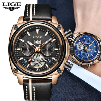 

LIGE Men Watches Automatic Mechanical Watch Tourbillon Sport Clock Leather Casual Business Retro Wristwatch Montre homme New