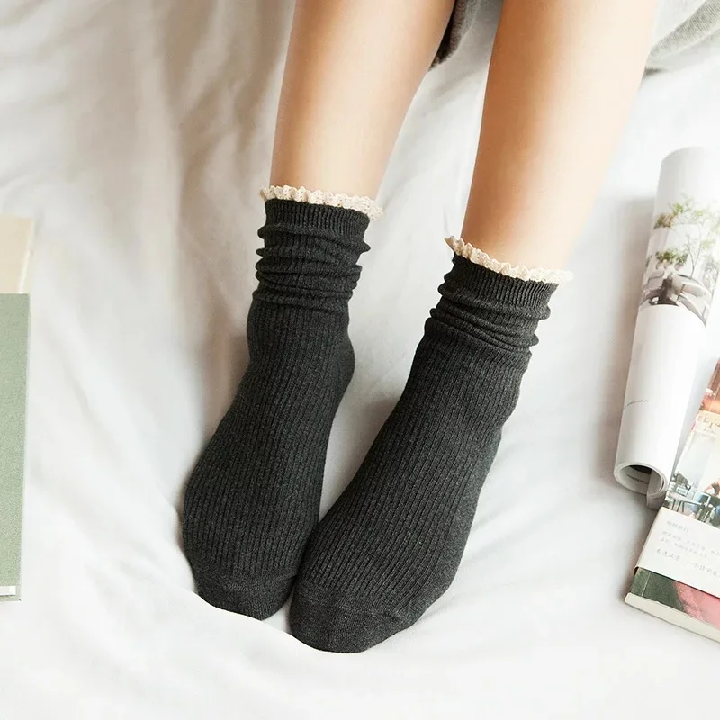 Новые модные кружевные лоскутные хлопковые носки для женщин, женские винтажные повседневные милые носки - Цвет: Темно-серый